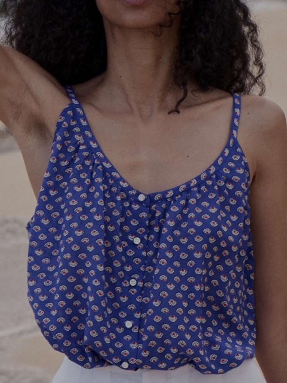 Doen Blue Printed Button-Front Tank